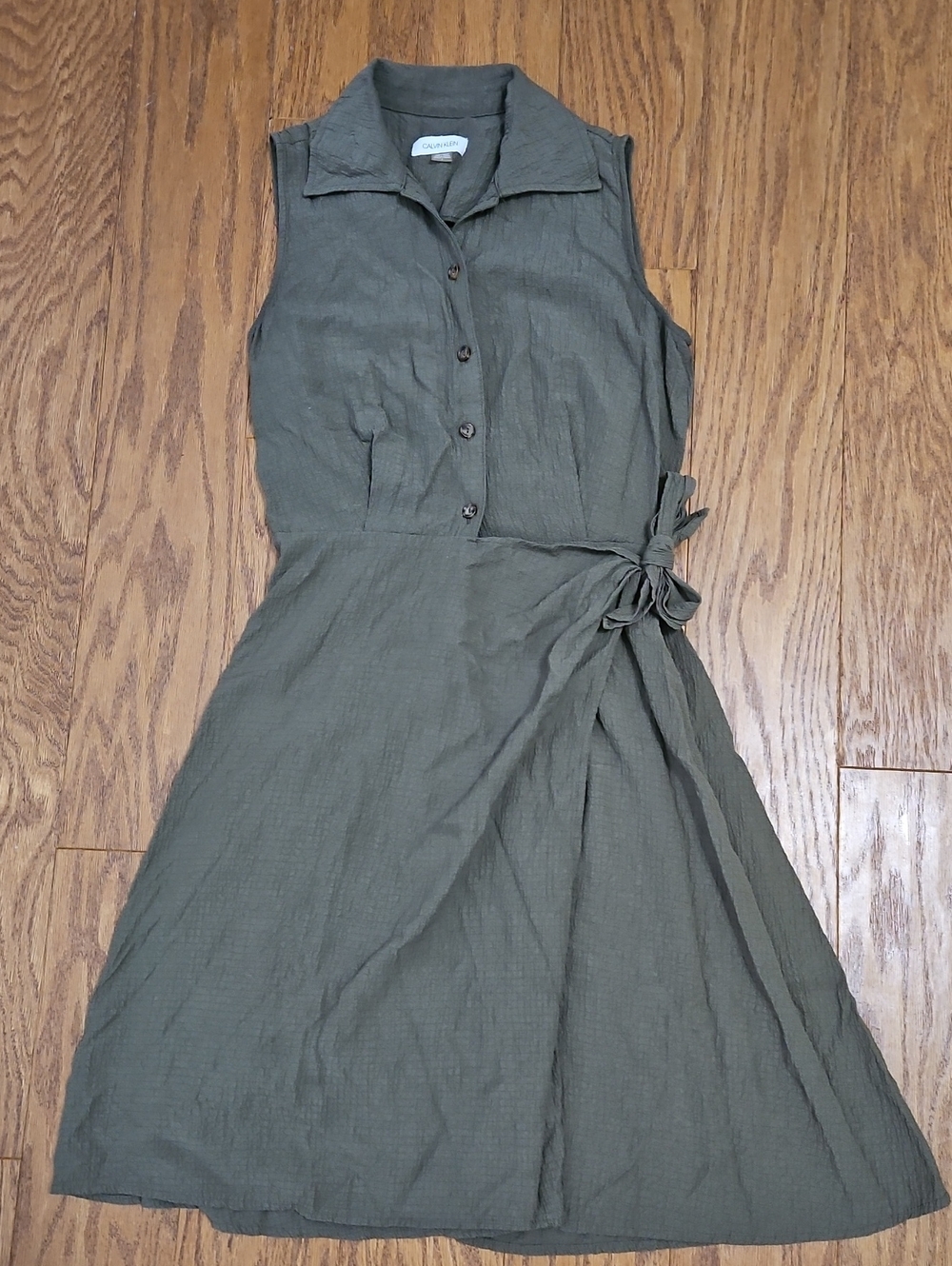 Calvin Klein Olive Green Sleeveless Collared Shirt Dress - Size 4